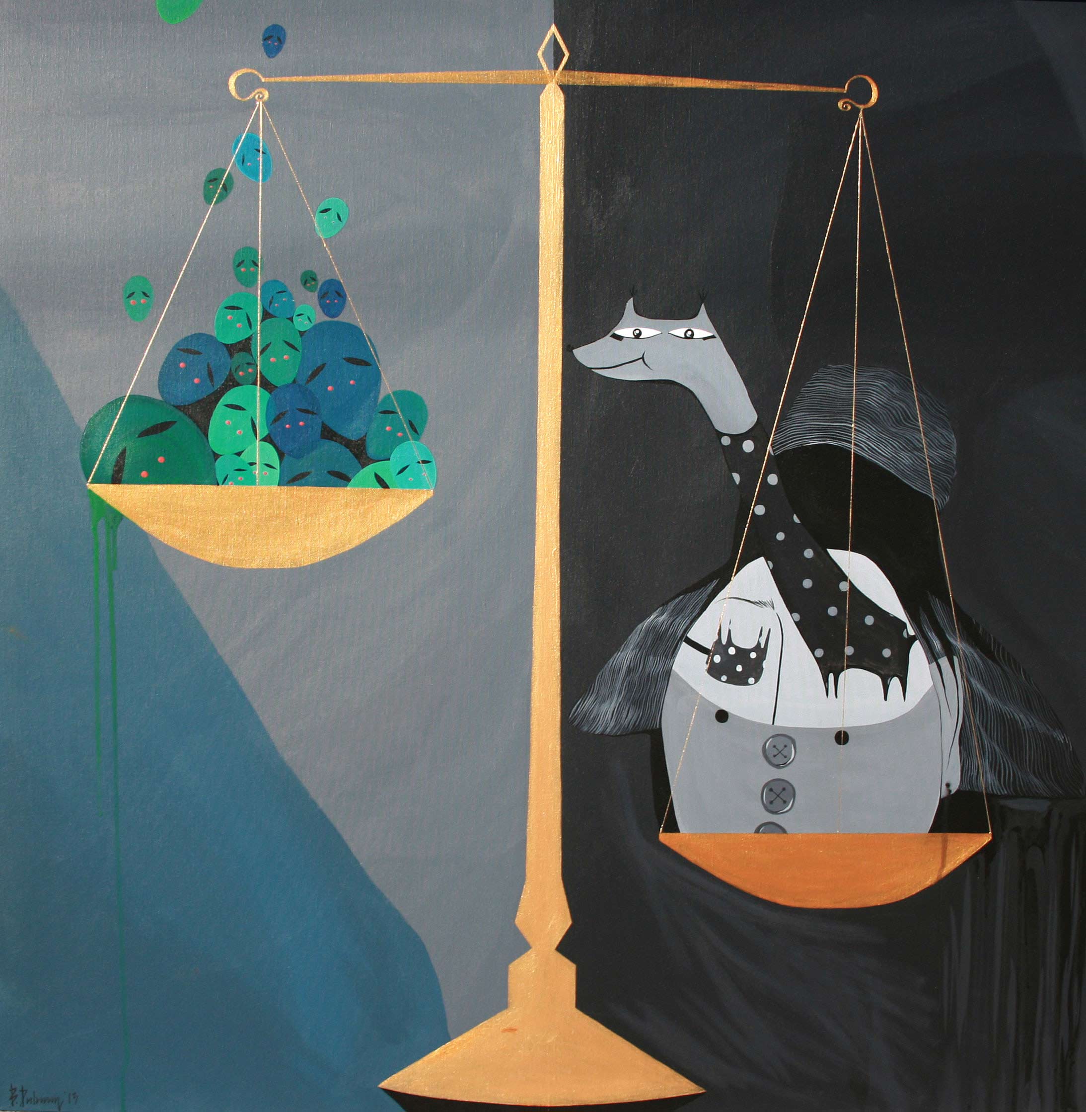 Dulguun - acrylique sur toile 100x100 - exprime la relativité.  titre : Balance